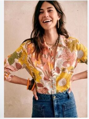 Sezane Pierro Floral Button-Up Shirt in Multi Yellow - 70s Boho